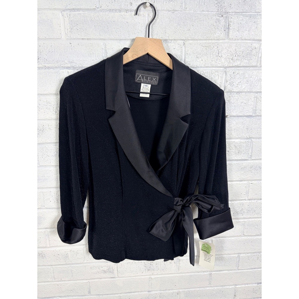 Alex Evenings Wrap Blazer Womens S Black Satin Shawl Collar Cocktail